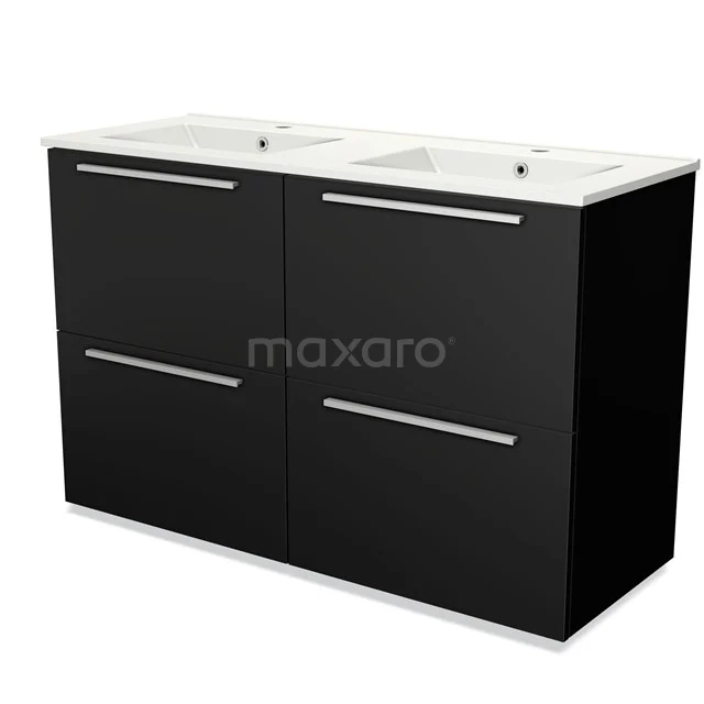 Zwarte badkamermeubelset met dubbele wastafel, strak design, mat afwerking en aluminium handgrepen.