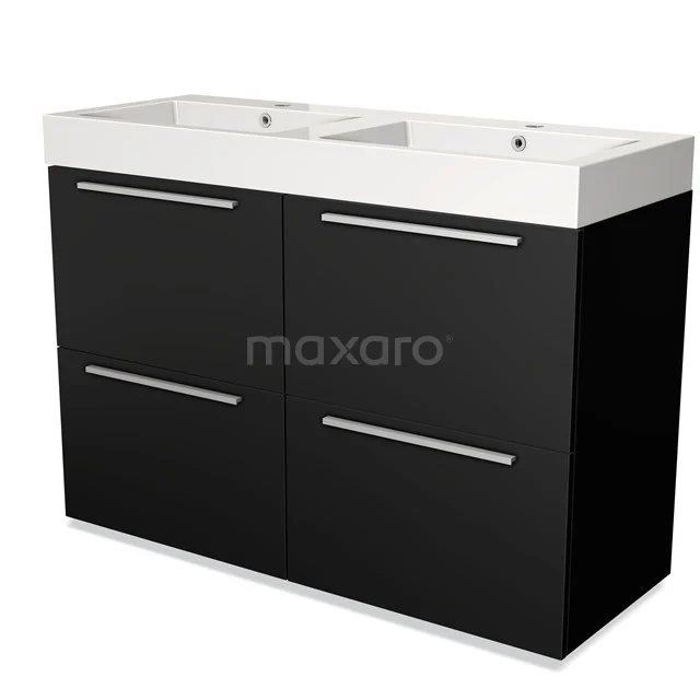Black bathroom unit double basin, modern design with sleek metal handles, ideal for a stylish bathroom.