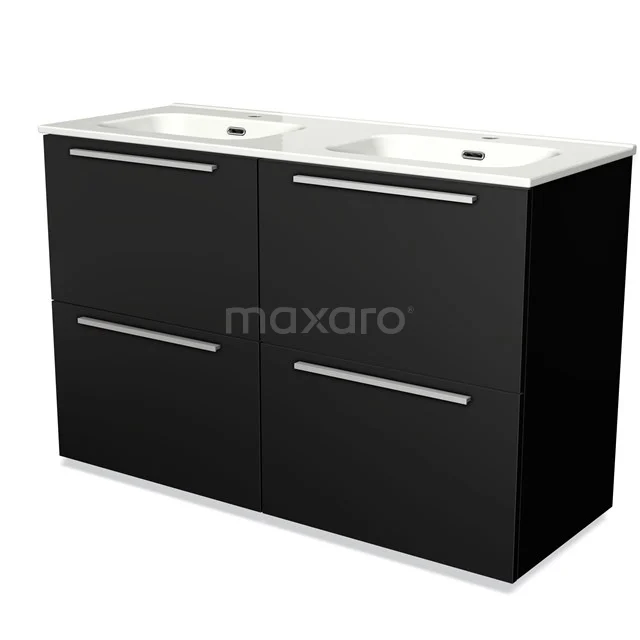Black bathroom unit with double basin, sleek design, metal handles and a laminated finish for a modern bathroom.