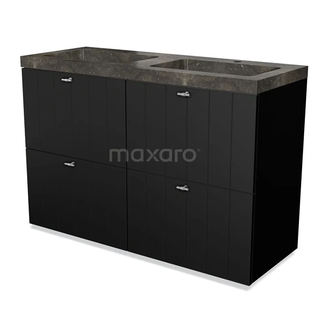 Modulo Vanity units with basin | 120 cm Matte black Slat front Natural stone 4 high drawers BMW14-00021 Black bathroom furniture set with double basin, marble worktop and soft-close drawers for stylish and functional storage space.