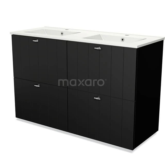 Black bathroom unit with vanity units with basin, four drawers with chrome handles, modern design, ideal for a sleek bathroom.
