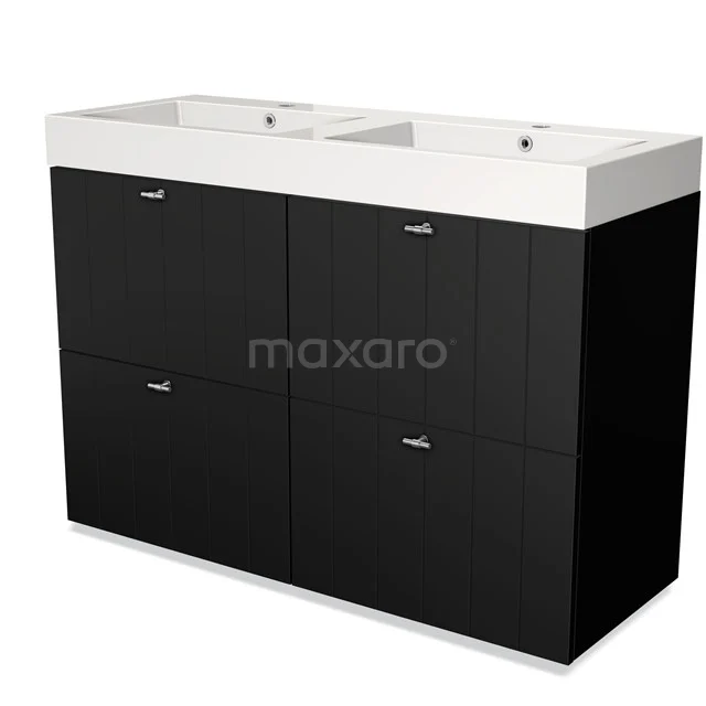 Modulo Bathroom furniture with sink | 120 cm Matte black Slat front Mineral marble 4 high drawers BMW14-00027 Black double bathroom unit with matte finish and integrated white vanity units with basin, ideal for spacious bathrooms.