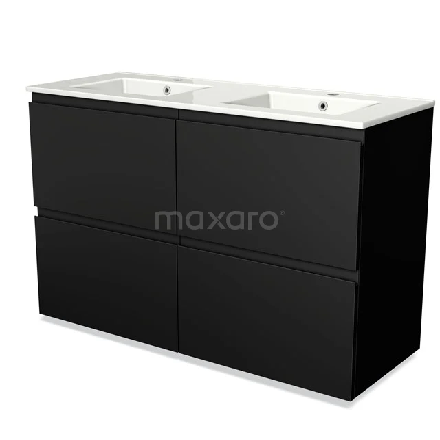 Black double vanity unit, sleek modern look, with ceramic sinks for stylish bathroom layout.