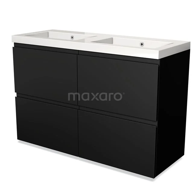 Zwarte badkamermeubel met dubbele wasbak, modern design, hoogglans afwerking en strakke lijnen voor stijlvolle badkamerinrichting.