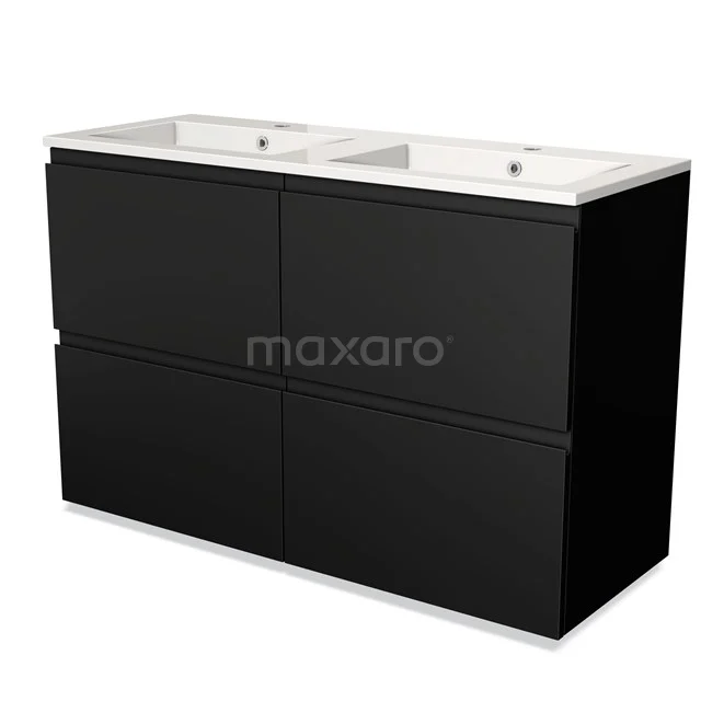 Zwarte badkamermeubelset met dubbele wastafel, strak design en soft-close lades. Perfect voor moderne badkamers.