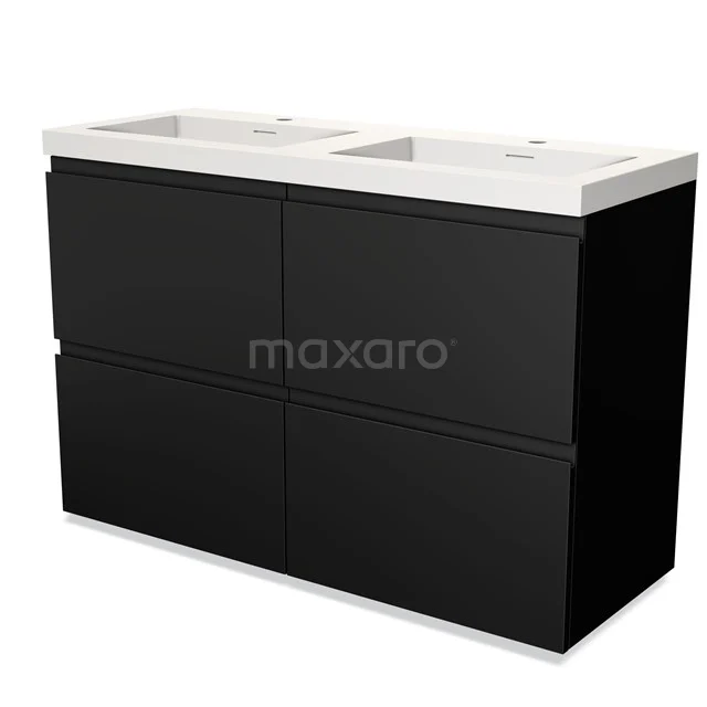 Dubbele zwarte wastafelmeubel met vier laden, strakke lijnen en witte keramische wastafel, ideaal voor moderne badkamers.