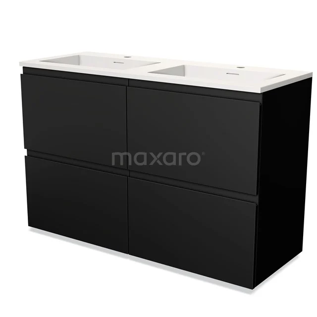 Zwarte dubbele wastafelmeubel, mat afwerking, strak design, met witte keramische wastafel; ideaal voor moderne badkamers.