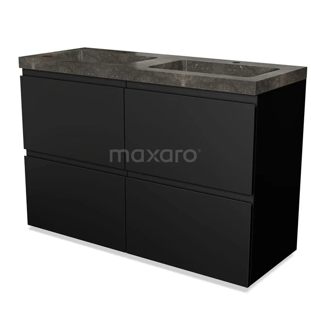 Zwart badkamermeubel met dubbele wastafel en donker marmeren blad, modern design, ideaal voor een stijlvolle badkamer.