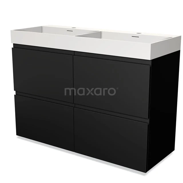 Zwart badkamermeubel met dubbele witte wasbak, modern design, strakke lijnen, ideaal voor een stijlvolle badkamerinrichting.