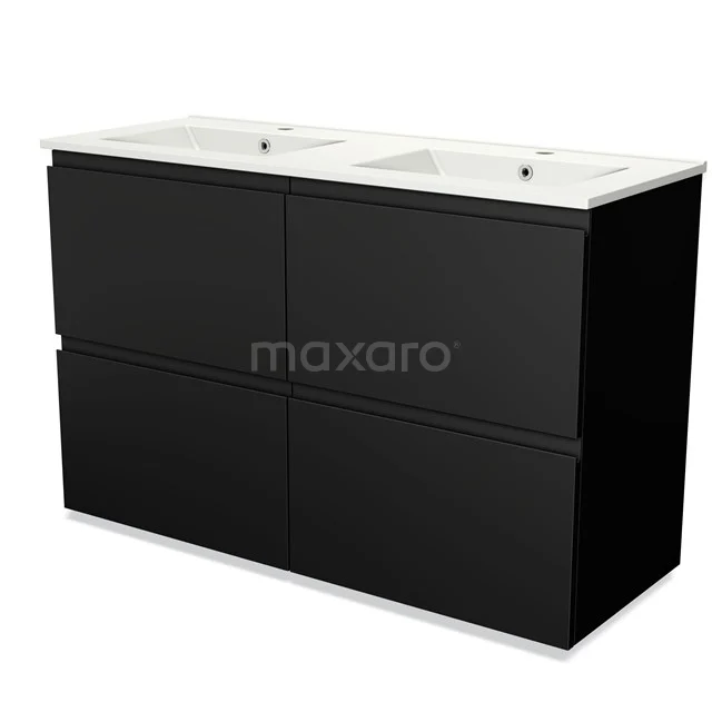 Black double vanity unit with matte finish and ceramic basin, ideal for a modern bathroom design.
