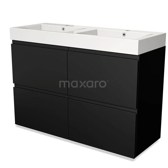 Black double vanity unit with white ceramic sink, modern design, ideal for spacious bathrooms.