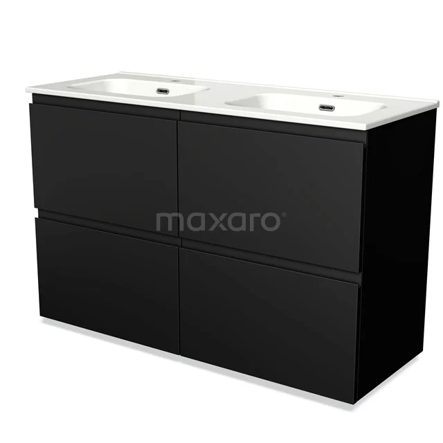 Black bathroom unit with vanity units with basin, sleek design, four drawers and white ceramic basin. Perfect for modern bathrooms.