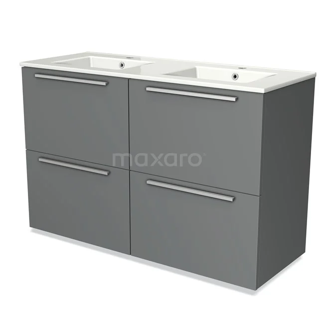 Grey bathroom furniture set with double basin, clean lines and modern metal handles, perfect for a spacious bathroom.