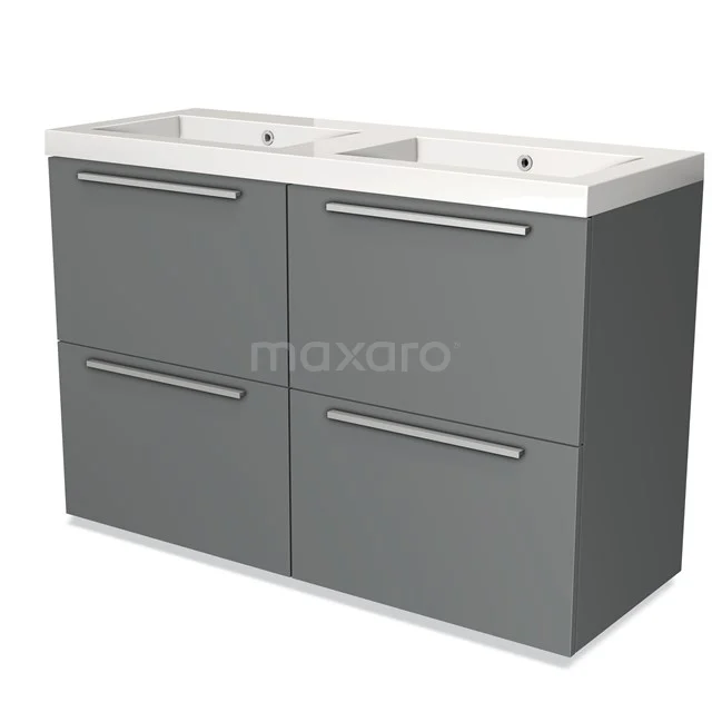 Grey double vanity unit with ceramic sink, four drawers and metal handles, sleek design for modern bathroom.