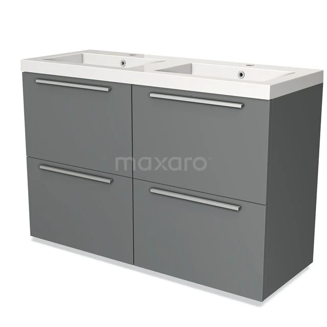 Grey double vanity unit with four drawers, modern design, ideal for bathroom storage and organised use.