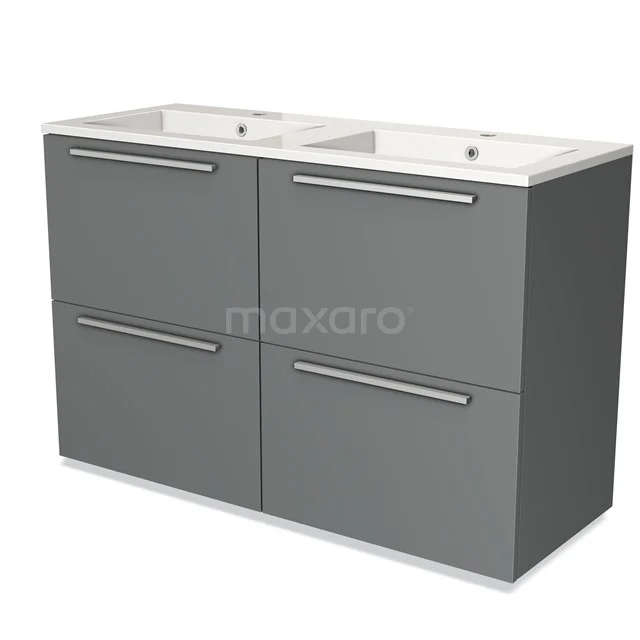 Grey double vanity unit with four drawers, modern design, ideal for a sleek bathroom design.