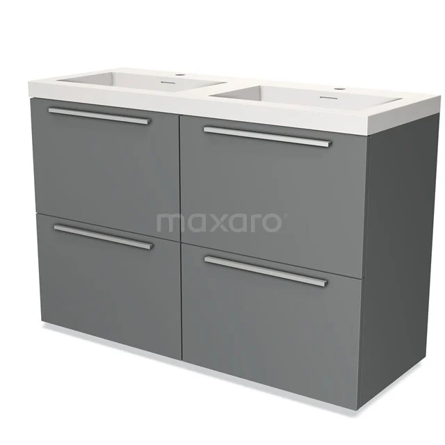 Grey double basin with four drawers, modern design, ideal for bathroom storage, made of durable materials.