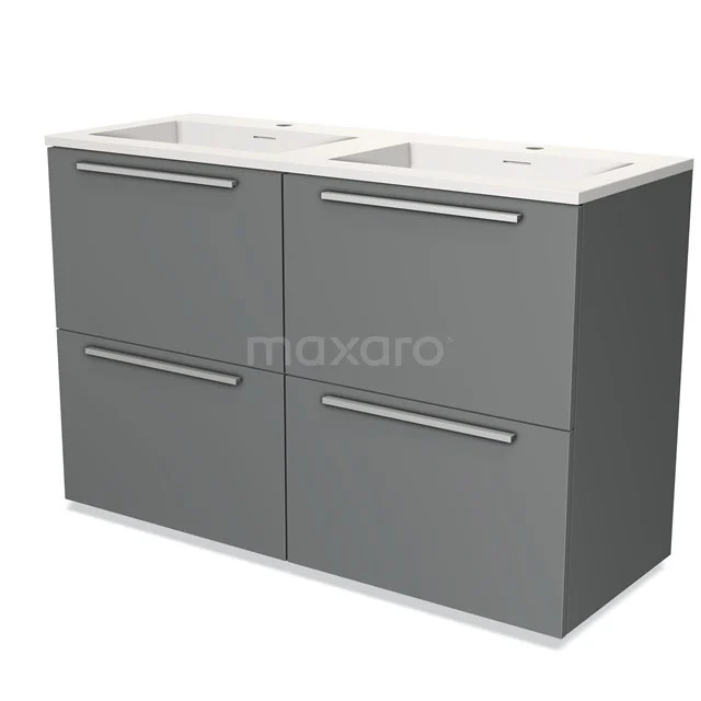 Grey double basin set with four drawers, modern design, ideal for stylish bathroom storage.