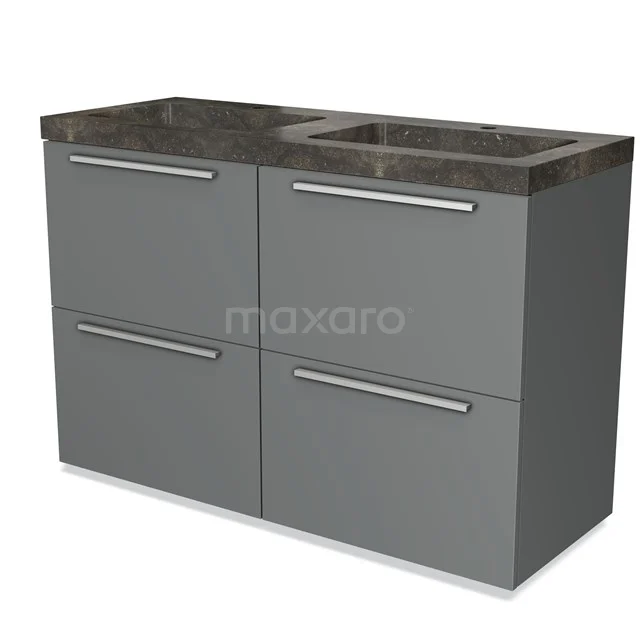 Grey bathroom furniture set with four drawers, marble basin worktop and double sink, modern design.