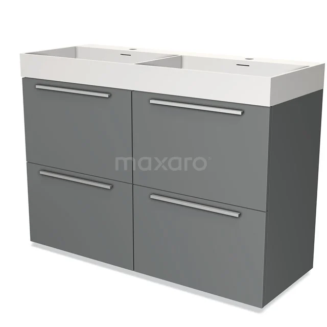 Grey double basin vanity unit with white ceramic basin, sleek design and four drawers, ideal for modern bathrooms.
