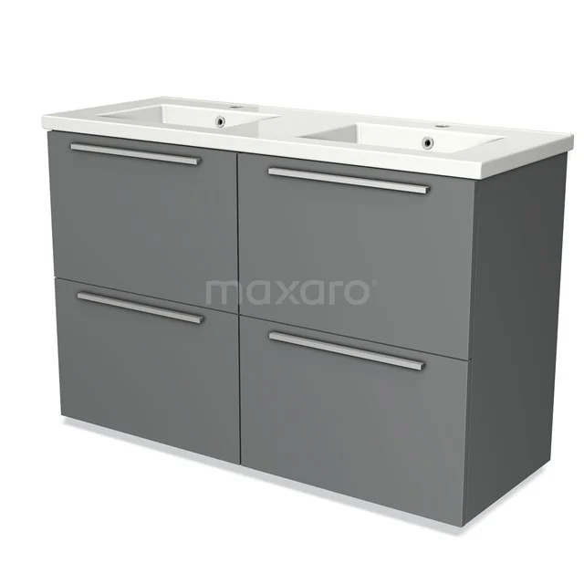 Modulo Vanity units with basin | 120 cm Mid grey Flat front Ceramic 4 high drawers BMW14-00051 Grey double basin base cabinet with four drawers and sleek handles, ideal for stylish bathroom storage solutions.