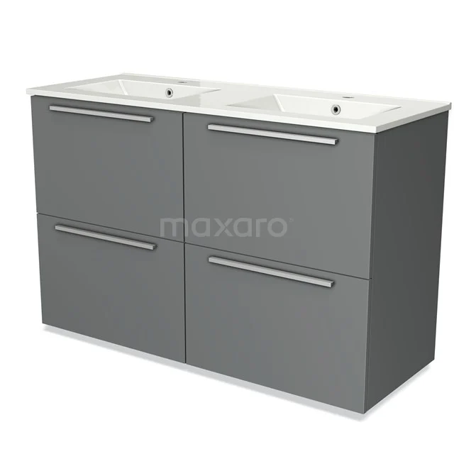 Grey double basin bathroom unit with ceramic vanity units with basin, four drawers and modern metal handles, ideal for domestic use.