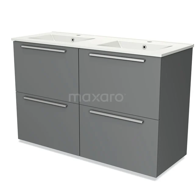Grey double basin cabinet with sleek drawers and matching ceramic basin, ideal for a modern bathroom.