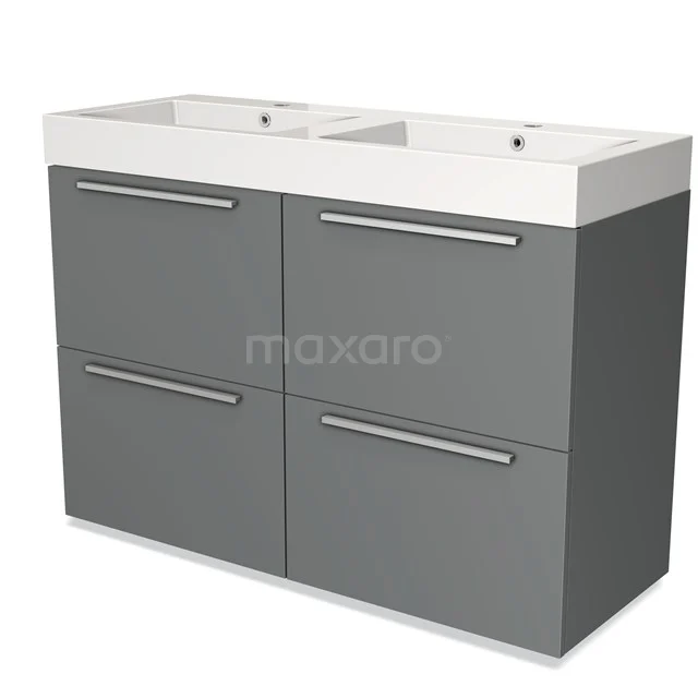 Grey double vanity unit with four drawers, sleek design and metal handles, perfect for modern bathrooms.