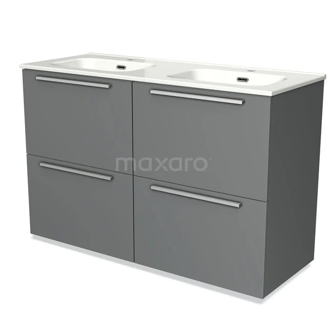 Grey double basin base cabinet with four drawers, modern design, suitable for the bathroom, with matte finish and metal handles.