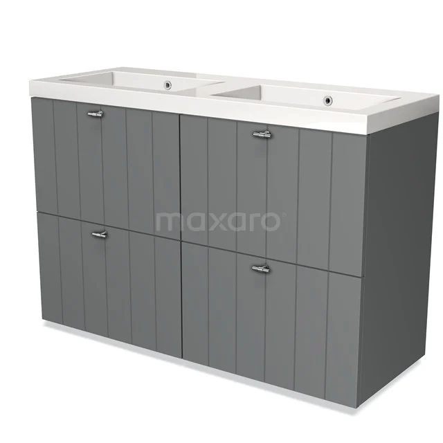Grey double basin with wood-look front, four doors and modern finish, suitable for a stylish bathroom.