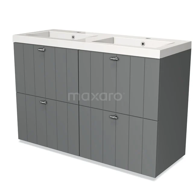 Grey bathroom unit with double white sink, vertical lines and soft-close drawers, ideal for a modern bathroom.