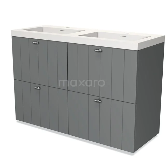 Grey double basin base cabinet with vertical panels, four drawers and white ceramic sink, modern bathroom style.