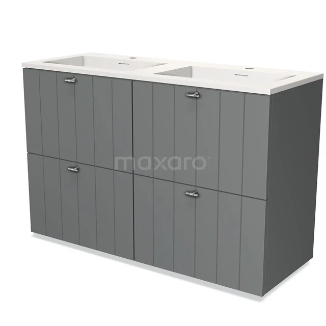 Grey bathroom furniture set with double basin, vertical lines in the design and four storage drawers.