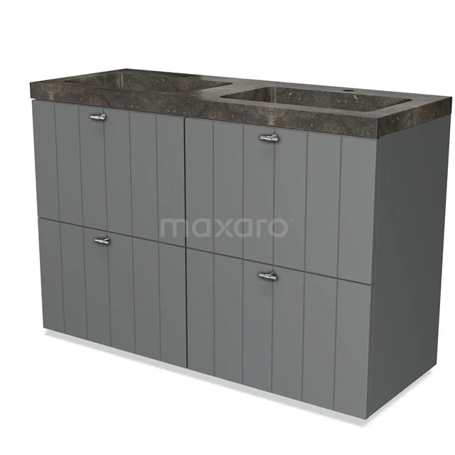 Modulo Bathroom furniture with sink | 120 cm Mid grey Slat front Natural stone 4 high drawers BMW14-00063 Grey bathroom furniture set with black marble Basin and wood-look panels, ideal for a modern bathroom.