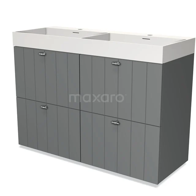 Grey vanity units with basin, sleek panels and modern look; ideal for stylish bathroom solutions.