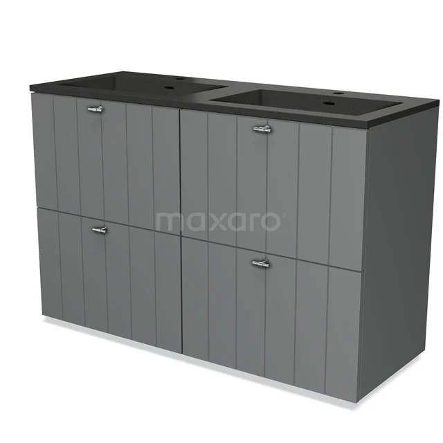 Grey bathroom furniture set with double sink, modern wood-look finish, ideal for stylish and spacious bathroom storage.