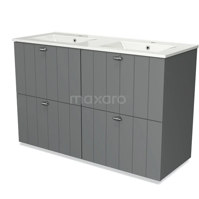 Grey double basin vanity unit with wood look, four drawers and white ceramic basin; perfect for modern bathrooms.