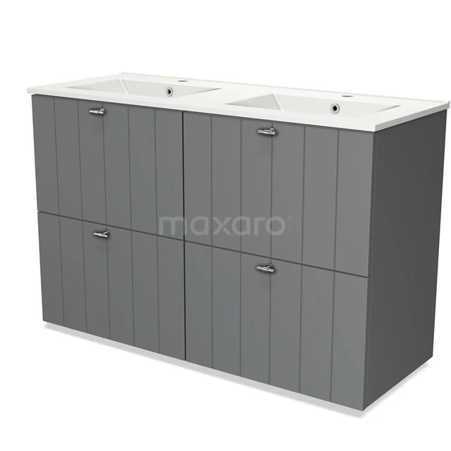 Grey double vanity base unit with vertical lines, four drawers and white countertop wash basin, perfect for a modern bathroom.