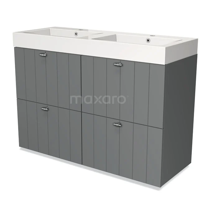 Grey bathroom furniture set with double basin, modern design with vertical relief lines, ideal for stylish bathrooms.