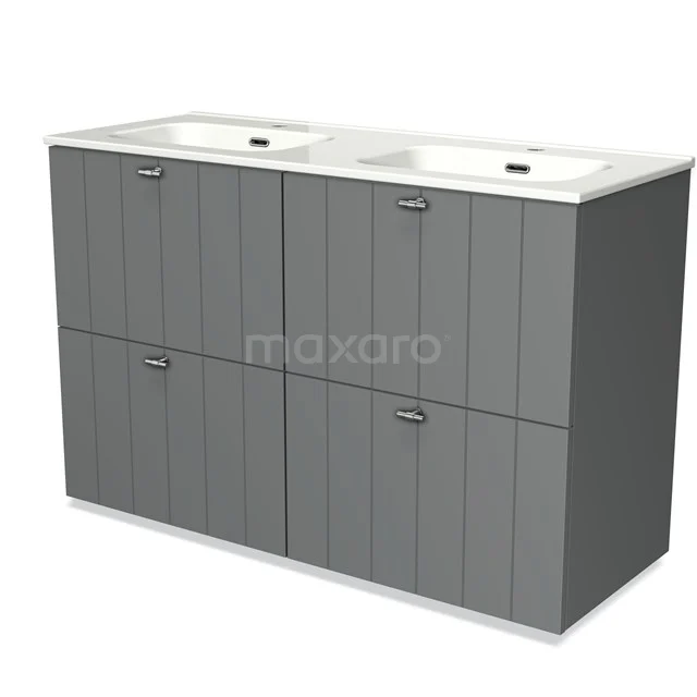 Grey double vanity unit with panels, four doors and white countertop wash basins, perfect for stylish bathroom storage.