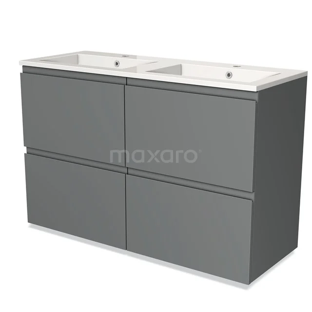Grey double basin with soft-close drawers, modern design and matte finish; ideal for a stylish bathroom.