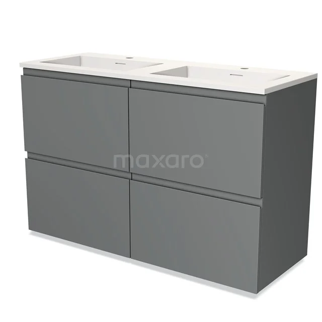 Graues Doppelwaschbeckenmöbel mit klaren Linien, vier Schubladen und keramischen Aufsatzwaschbecken, ideal für moderne Bäder.