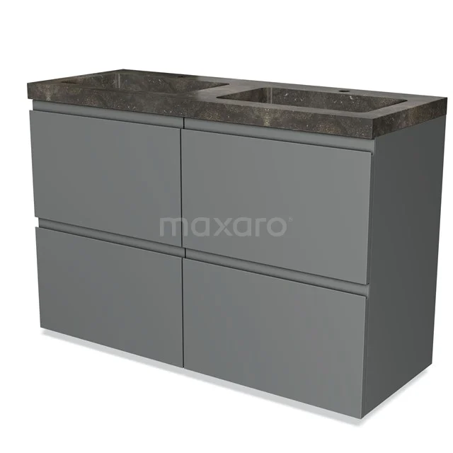 Grey Bathroom cabinet with double basin and black marble worktop, modern design, ideal storage solution for a stylish bathroom.