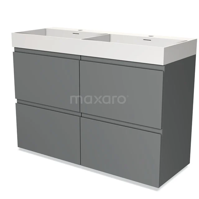 Grey bathroom furniture set with four drawers and double basin, modern design, ideal for stylish bathroom storage.