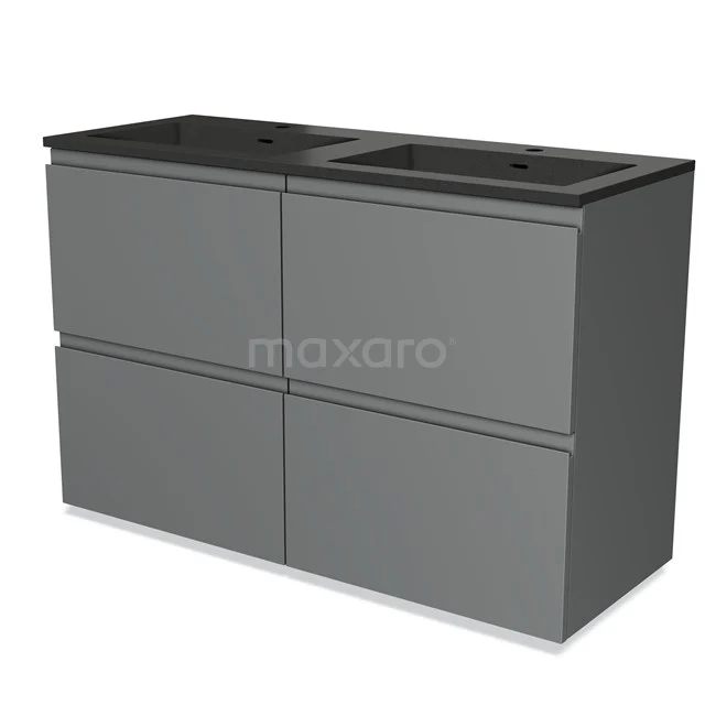 Grey bathroom unit with double basin, sleek design and handleless drawers, perfect for a modern bathroom.