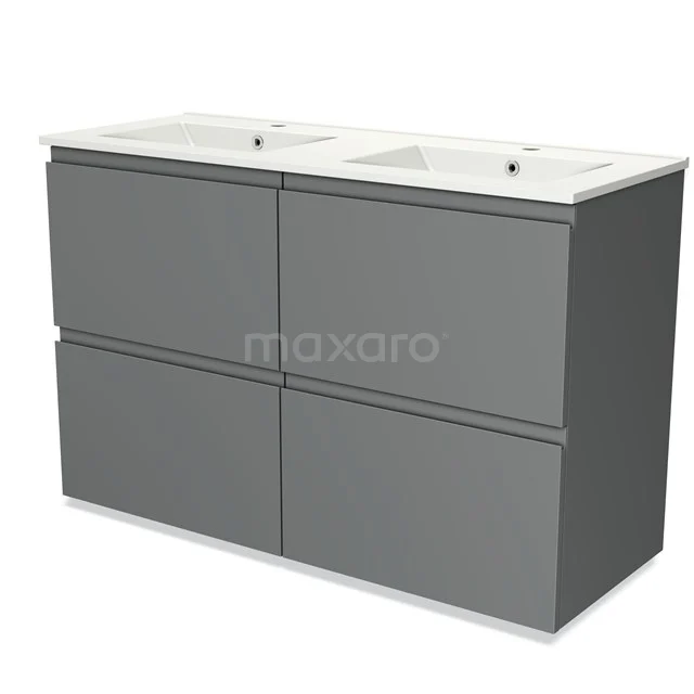 Grijze badkamermeubelset met dubbele wastafel, modern design, mat afwerking en softclose-lades voor optimale badkameropslag.