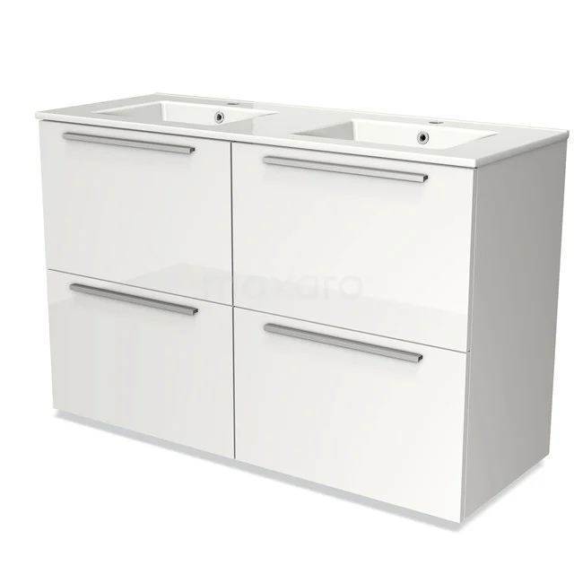 White double vanity unit with four drawers, glossy finish and stainless steel handles, ideal for a modern bathroom.