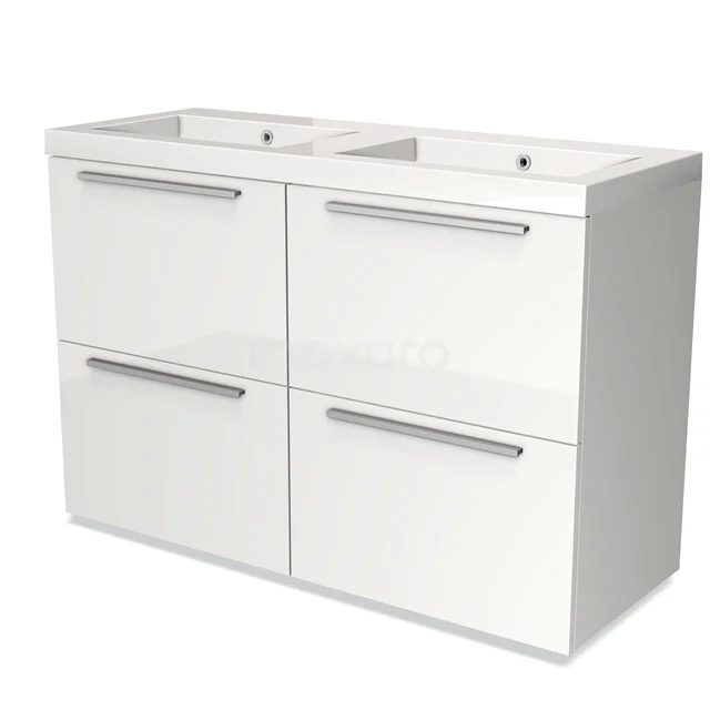 Wit dubbel badkamermeubel met moderne lades, geïntegreerde keramische wastafel en strak ontwerp, ideaal voor ruime badkamers.