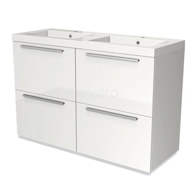 Weißes Badezimmermöbel mit Doppelwaschbecken, vier Schubladen und schlichten Haltegriffen, ideal für moderne Badezimmergestaltungen.