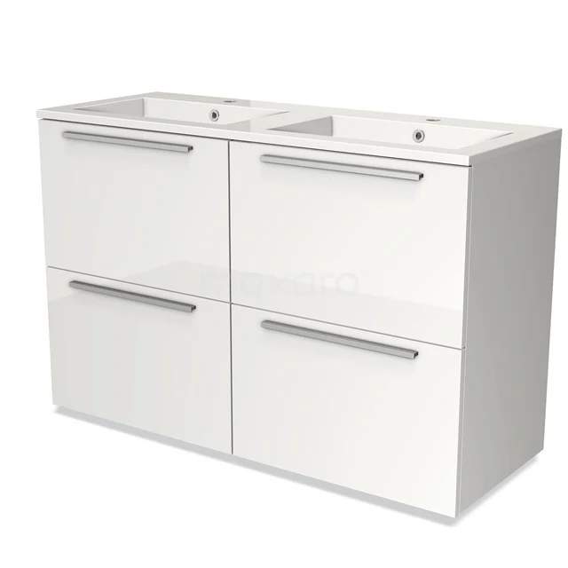 Weißes Doppelwaschbeckenmöbel mit vier Schubladen, Chrom Haltegriffe, modernes Design, ideal für eine stilvolle Badezimmergestaltung.